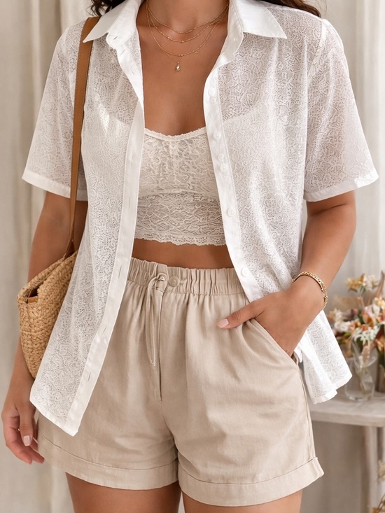 Tranali Tops - Tranali White Sheer Lace Button Down Blouse Collared Romantic Cottagecore Top-S